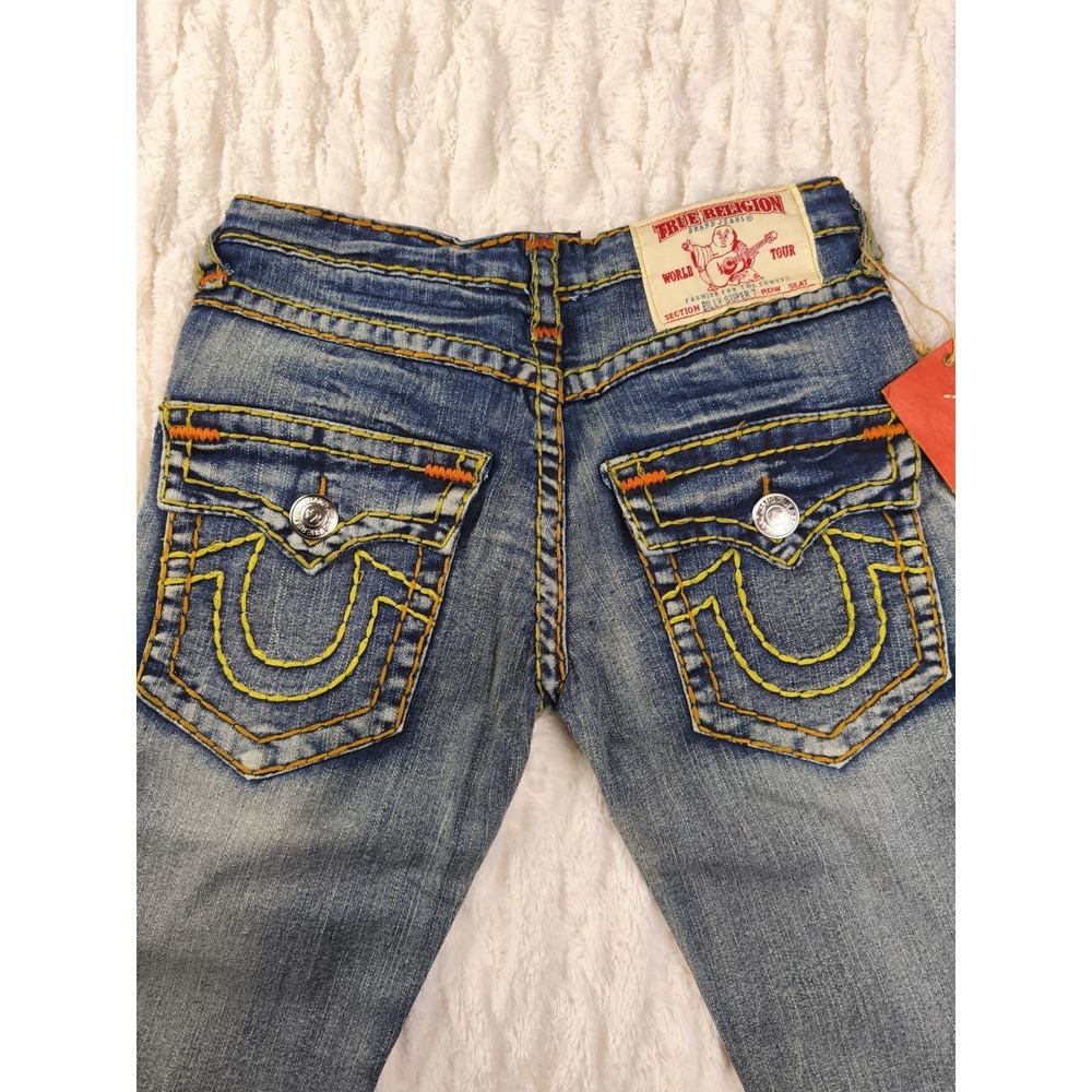 True Religion Women's Boot Cut Jeans in Faded Blue with Yellow Stitching